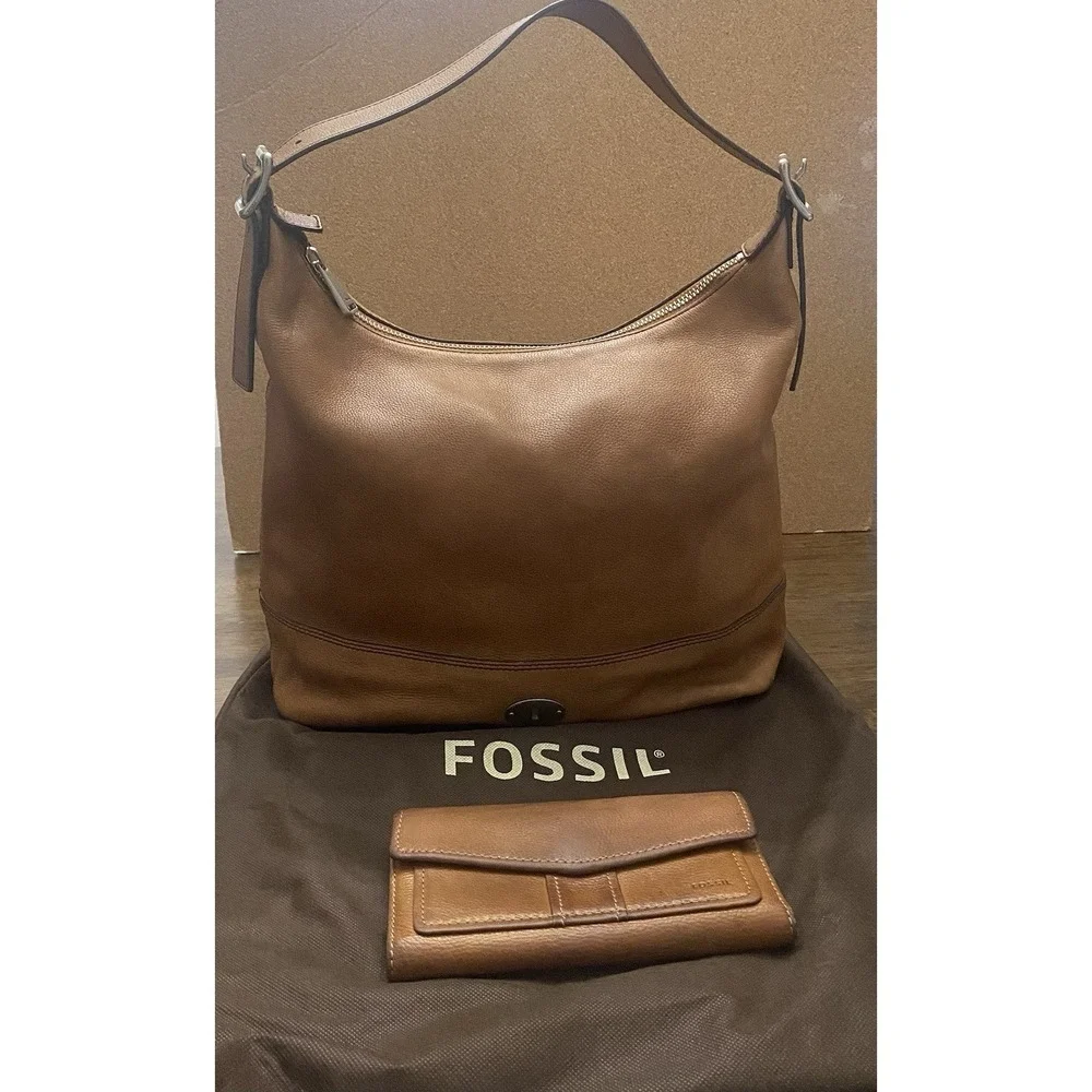 Fossil Brown Leather Hobo Shoulder Bag W Matching Wallet & Dust Bag